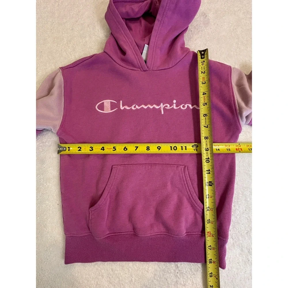 Champion Girls Purple Colorblock Script Logo Fleece Hoodie‎ Sweatshirt Size M 8